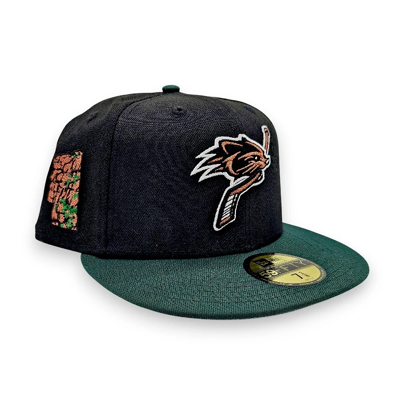 New Hampshire Fisher Cat Black Dark Green 2T Leon the Lab Cliff Patch Grey UV Era 59FIFTY Fitted Hat