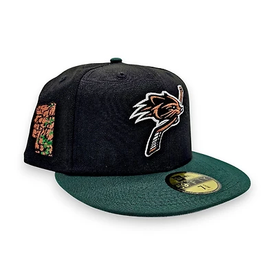 New Hampshire Fisher Cat Black Dark Green 2T Leon the Lab Cliff Patch Grey UV Era 59FIFTY Fitted Hat