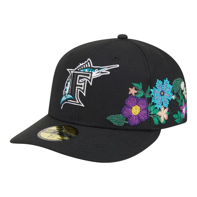 Florida Marlins Black Tonal Floral Pre-Curved New Era 59FIFTY Fitted Hat