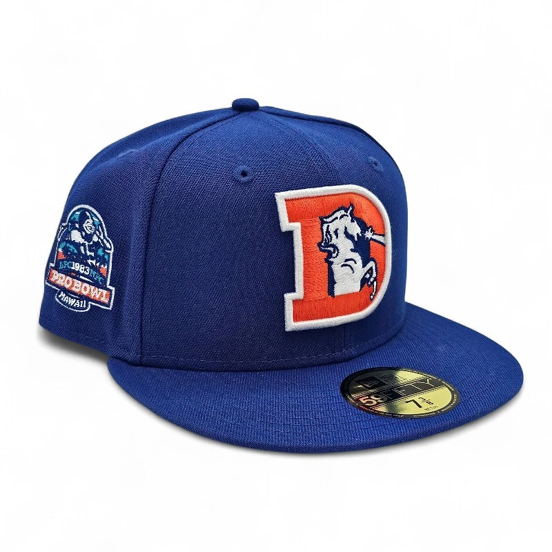Denver Broncos Majestic Blue Leon the Lab 1983 Pro Bowl Patch Green UV New Era 59FIFTY Fitted Hat