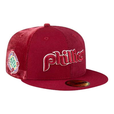 Philadelphia Phillies Maroon Tri-Panel Satin Velvet & Corduroy 100th Patch Gray UV New Era 59FIFTY Fitted Hat