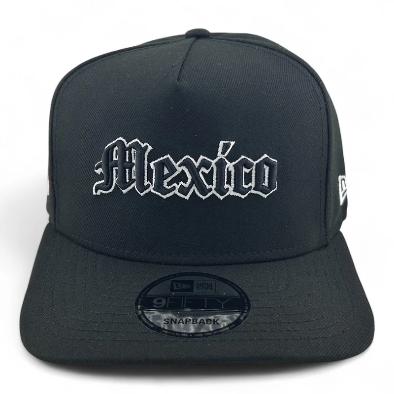 Mexico White on Black Old English Mexico Flag Patch Gray UV New Era A-Frame Snapback Hat