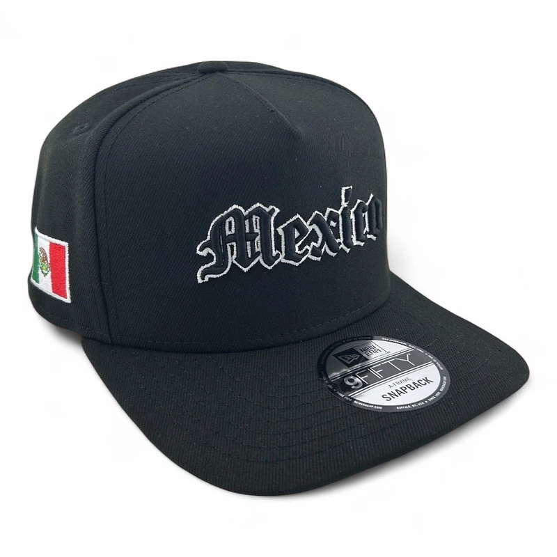 Mexico White on Black Old English Mexico Flag Patch Gray UV New Era A-Frame Snapback Hat