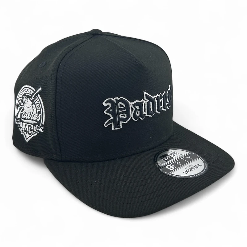 San Diego Padres White on Black Old English 40th Anni Patch Gray UV New Era A-Frame Snapback Hat