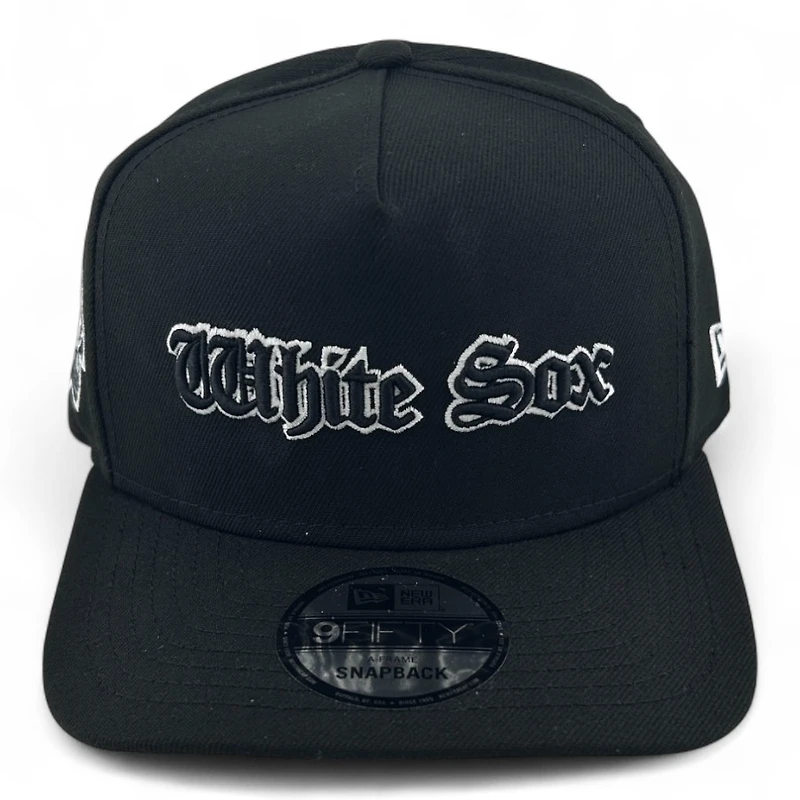 Chicago White Sox White on Black Old English Comiskey Parck Patch Gray UV New Era A-Frame Snapback Hat