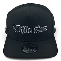 Chicago White Sox White on Black Old English Comiskey Parck Patch Gray UV New Era A-Frame Snapback Hat