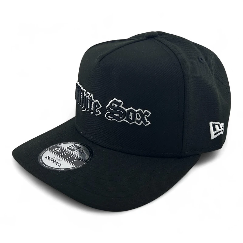 Chicago White Sox White on Black Old English Comiskey Parck Patch Gray UV New Era A-Frame Snapback Hat