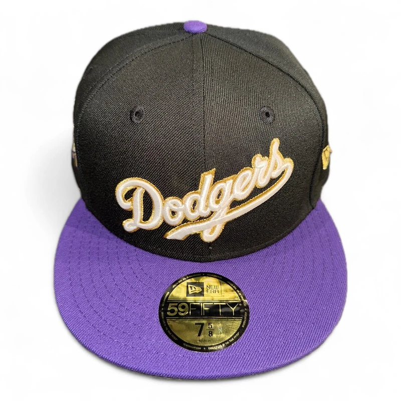 Los Angeles Dodgers Black and Purple Script 42 Patch Gray UV New Era 59FIFTY Fitted Hat