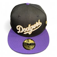 Los Angeles Dodgers Black and Purple Script 42 Patch Gray UV New Era 59FIFTY Fitted Hat
