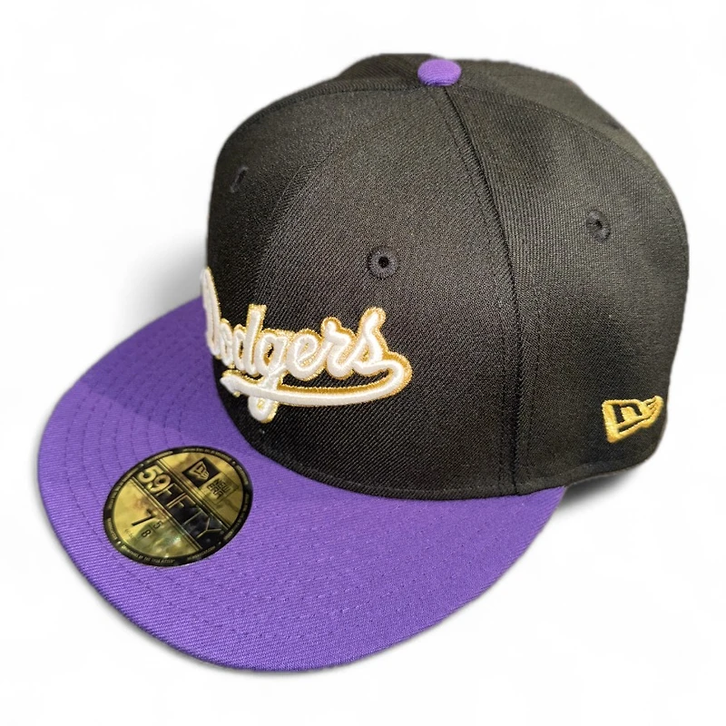 Los Angeles Dodgers Black and Purple Script 42 Patch Gray UV New Era 59FIFTY Fitted Hat