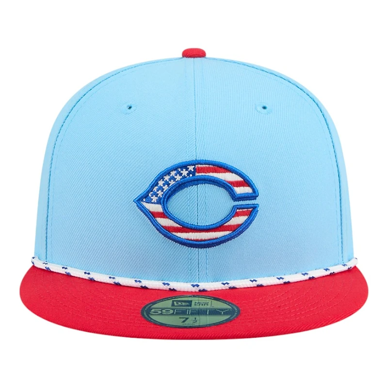 Cincinnati Reds Light Blue and Red 2025 Fourth of July USA New Era 59FIFTY Fitted Hat