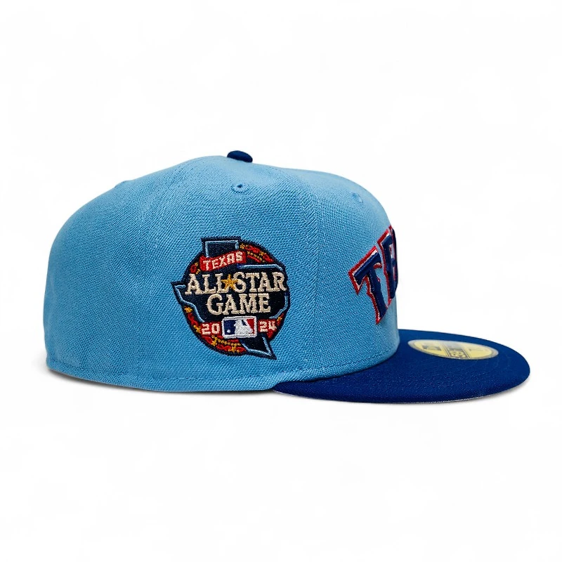 Texas Rangers Sky Blue Dark Royal Leon the Lab 2024 All Star Game Patch Grey UV New Era 59FIFTY Fitted Hat