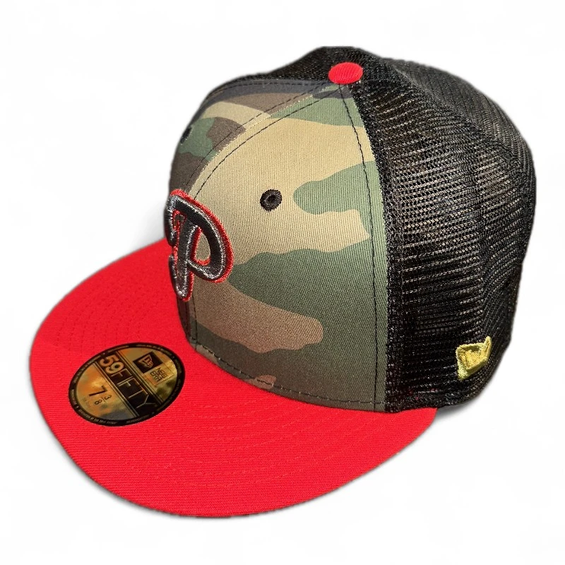 Philadelphia Phillies Woodland Camo and Scarlet Black Trucker 1996 ASG Patch Gray UV New Era 59FIFTY Fitted Hat