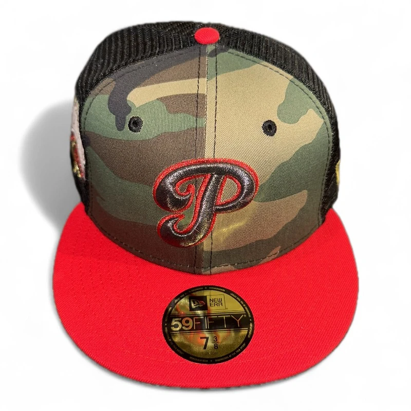 Philadelphia Phillies Woodland Camo and Scarlet Black Trucker 1996 ASG Patch Gray UV New Era 59FIFTY Fitted Hat