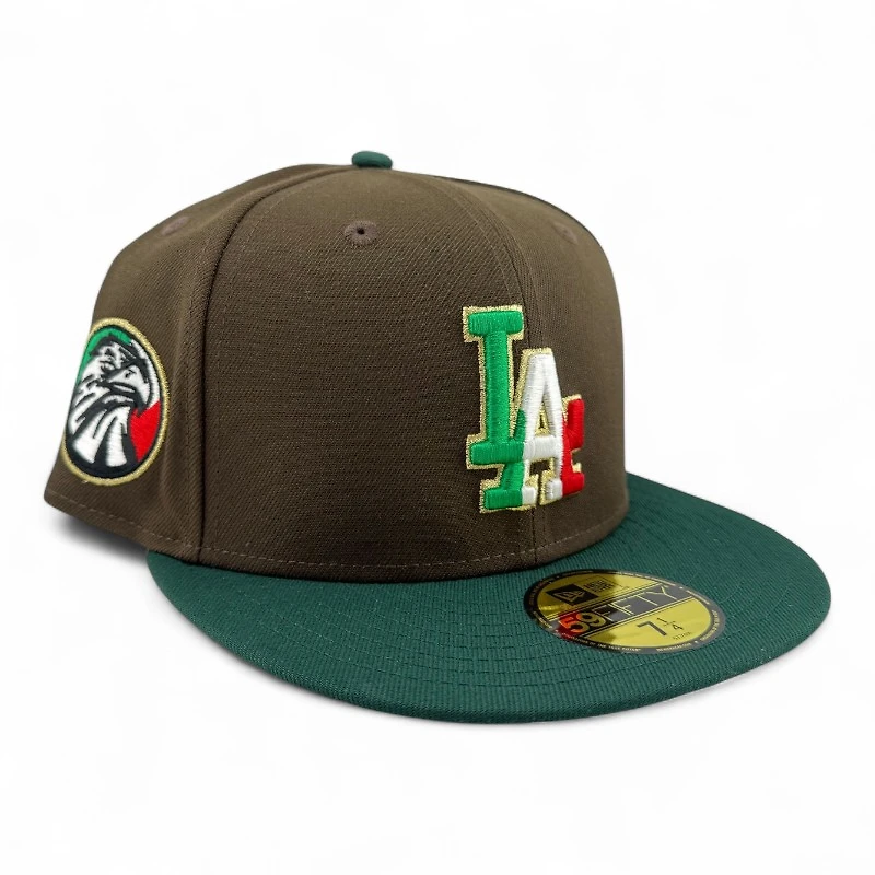 Los Angeles Dodgers Brown and Dark Green Águila Patch Mexico Flag Batty Gray UV New Era 59FIFTY Fitted Hat
