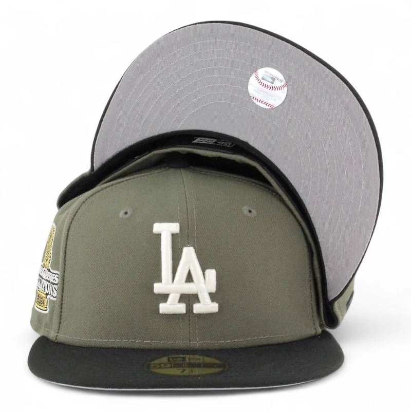 Los Angeles Dodgers Olive Green and Black 2024 World Series Champions Patch Grey UV New Era 59FIFTY Fitted Hat