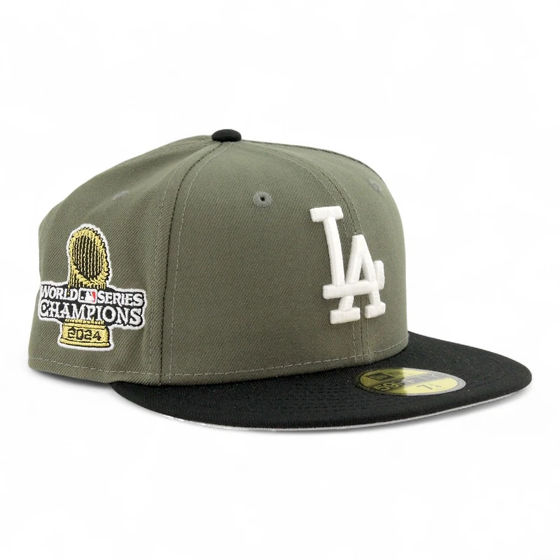Los Angeles Dodgers Olive Green and Black 2024 World Series Champions Patch Grey UV New Era 59FIFTY Fitted Hat