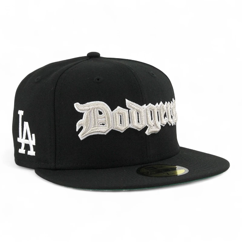 Los Angeles Dodgers Black Old English Logo LA Patch Green UV New Era 59FIFTY Fitted Hat