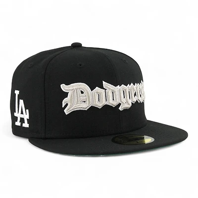 Los Angeles Dodgers Black Old English Logo LA Patch Green UV New Era 59FIFTY Fitted Hat