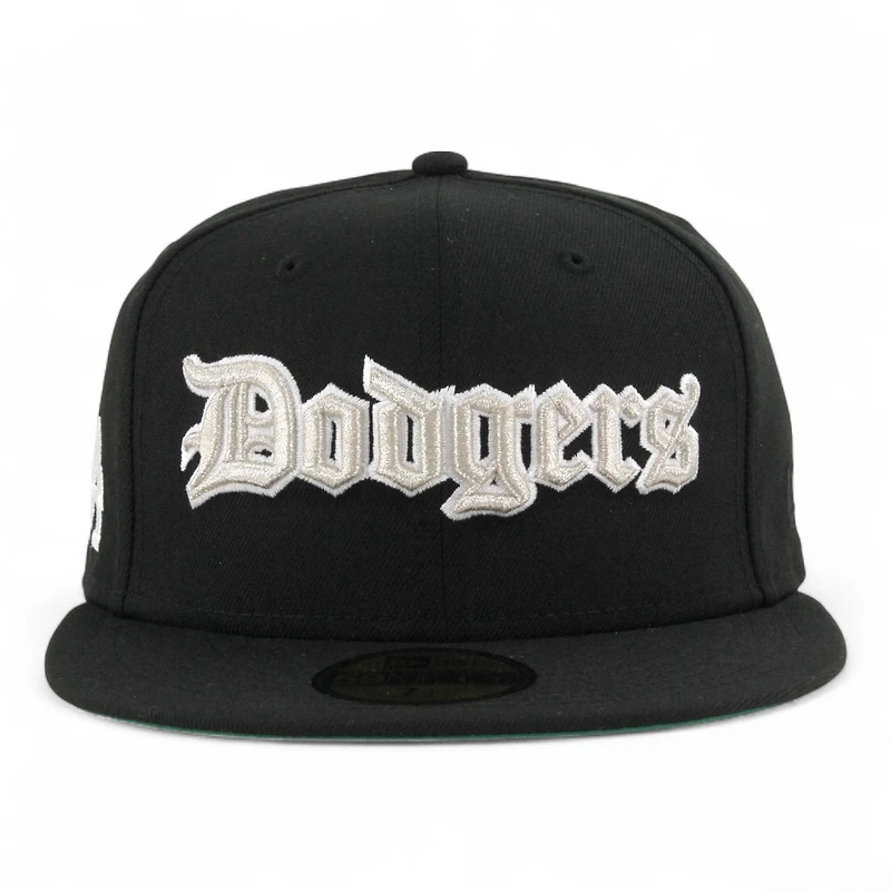 Los Angeles Dodgers Black Old English Logo LA Patch Green UV New Era 59FIFTY Fitted Hat
