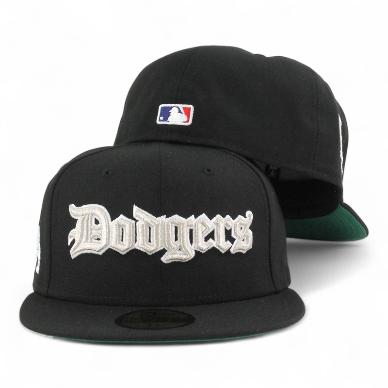 Los Angeles Dodgers Black Old English Logo LA Patch Green UV New Era 59FIFTY Fitted Hat
