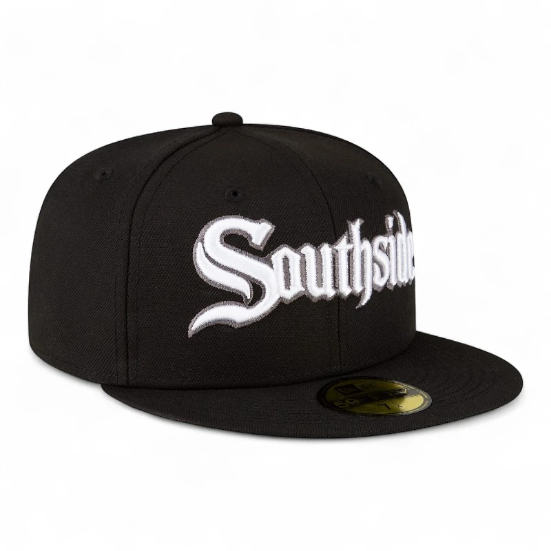 Chicago White Sox on Black Gothic Script City Connect 59FIFTY Fitted Hat