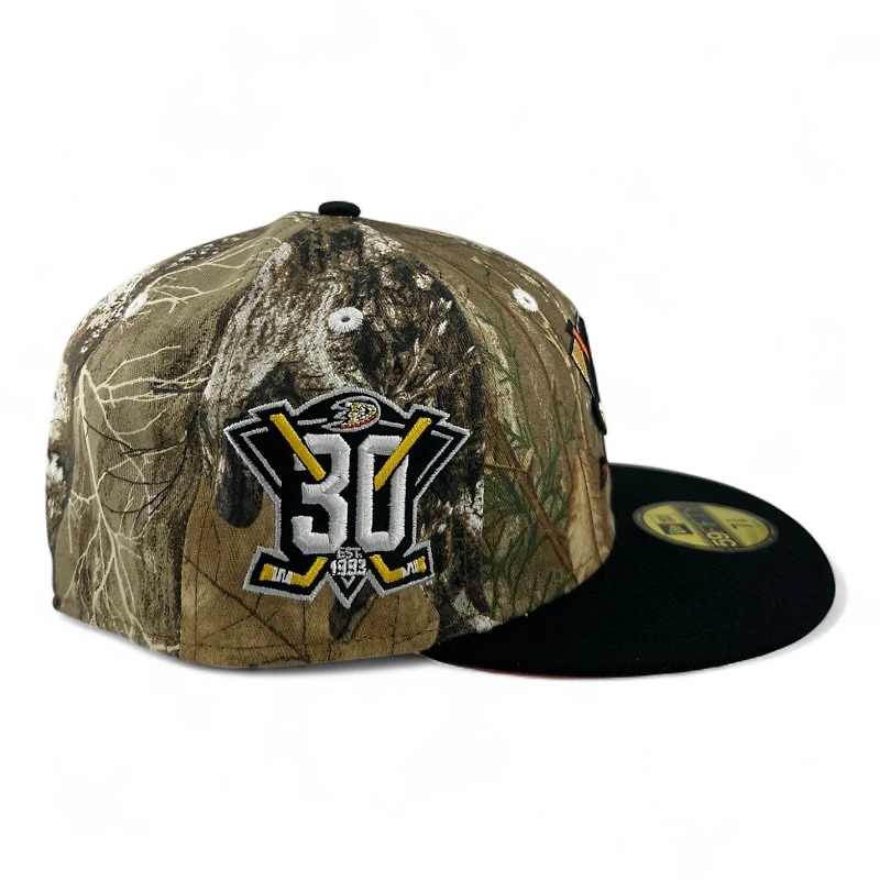 Anaheim Ducks Realtree Camo and Black "Melted Ice Collection" 30th Anni Patch Orange UV New Era 59FIFTY Fitted Hat