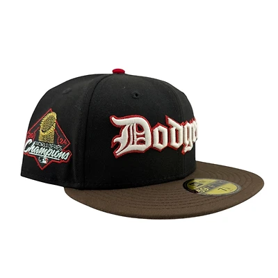 Los Angeles Dodgers Black and Brown Script 2024 World Series Champions Patch Pink UV New Era 59FIFTY Fitted Hat