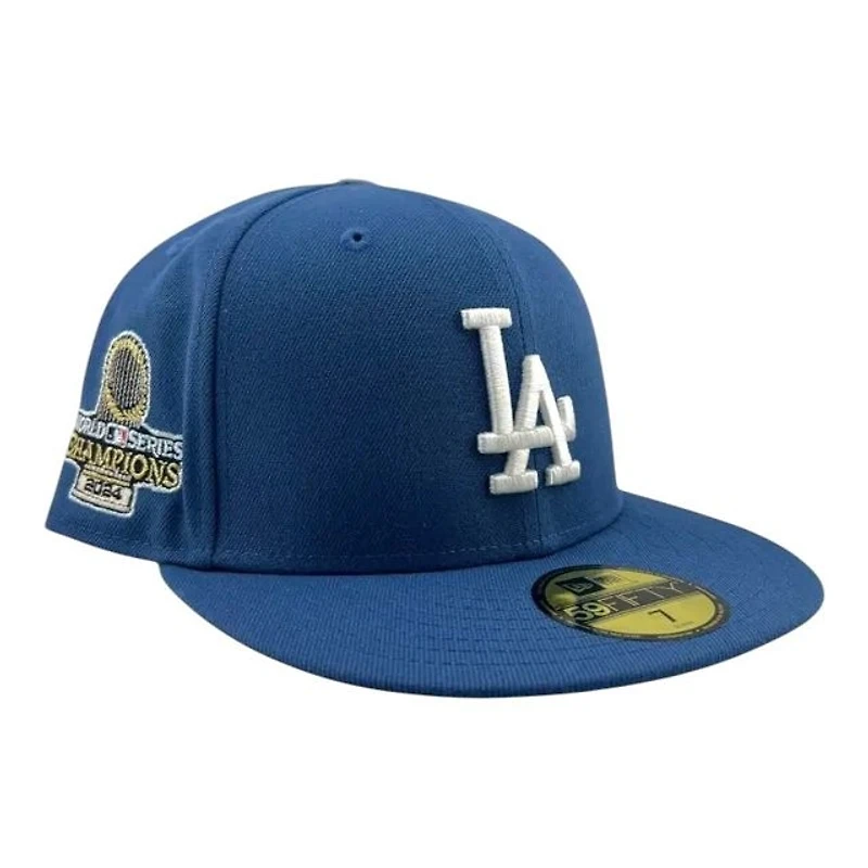 Los Angeles Dodgers Indigo Blue 2024 World Series Champions Trophy Patch Grey UV New Era 59FIFTY Fitted Hat