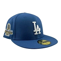 Los Angeles Dodgers Indigo Blue 2024 World Series Champions Trophy Patch Grey UV New Era 59FIFTY Fitted Hat