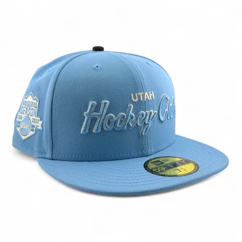 Utah Hockey Club White on Mountain Blue Script Inaugural Patch Gray UV New Era 59FIFTY Fitted Hat