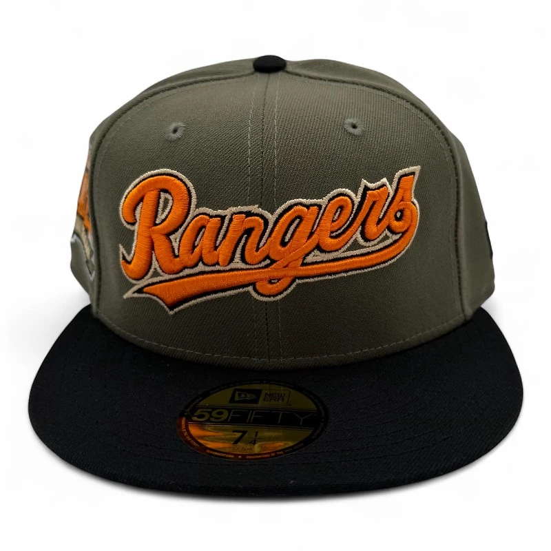 Texas Rangers Script Olive and Black Final Season Patch Gray UV New Era 59FIFTY Fitted Hat