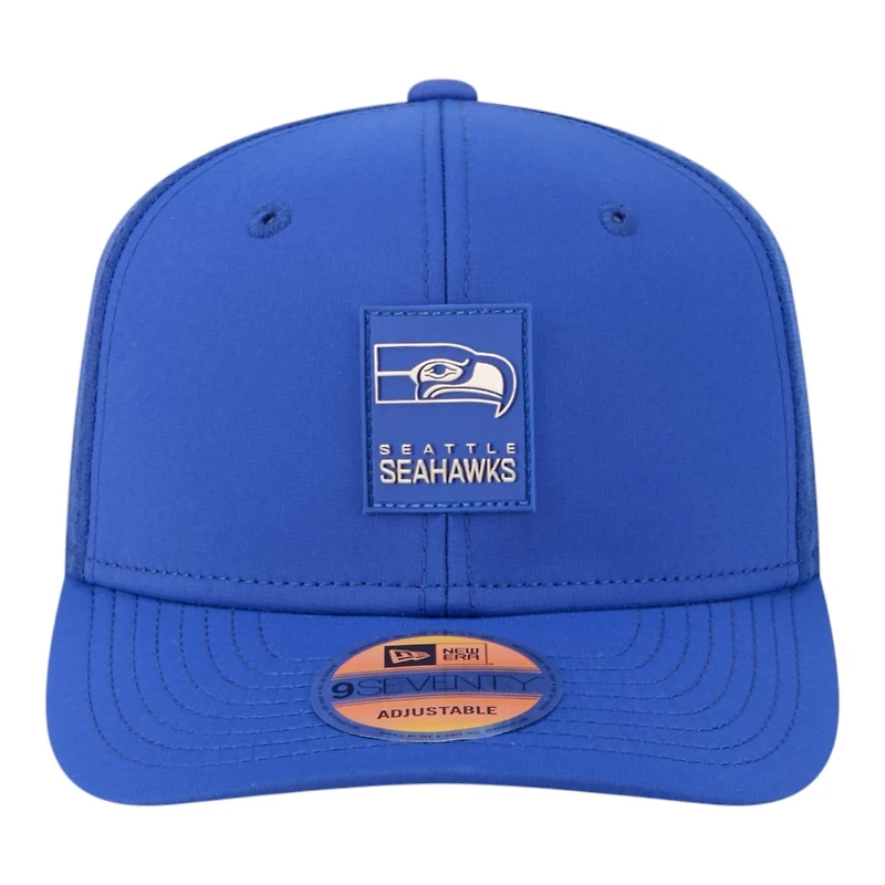 Seattle Seahawks Royal Blue 2025 NFL Sideline New Era 9SEVENTY Trucker Adjustable Snapback Hat