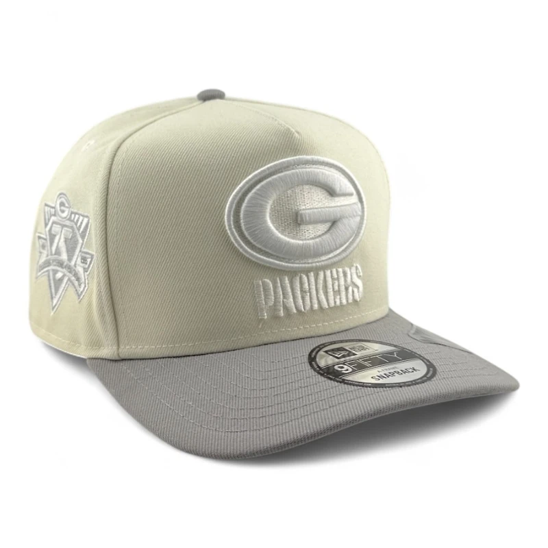 Green Bay Packers Chrome and Gray 75th Anniversary Patch New Era 9FIFTY A-Frame Snapback Hat