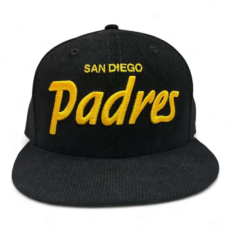 San Diego Padres Black and Yellow Script Corduroy Green UV New Era 59Fifty Fitted Hat