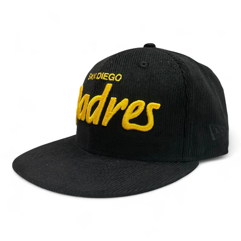 San Diego Padres Black and Yellow Script Corduroy Green UV New Era 59Fifty Fitted Hat