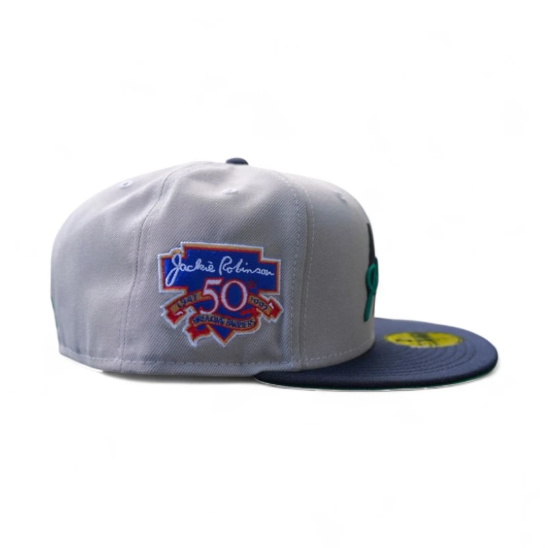 Seattle Mariners Grey Navy 2T Leon the Lab Jackie Robinson Patch Green UV New Era 59FIFTY Fitted Hat