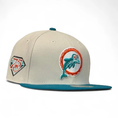 Miami Dolphins Stone and Aqua 75 Years Patch Gray UV NFL New Era 59FIFTY Fitted Hat