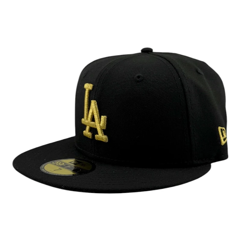 Los Angeles Dodgers Black with Metallic Gold LA Logo 2024 WS Champs Patch Grey UV New Era 59FIFTY Fitted Hat