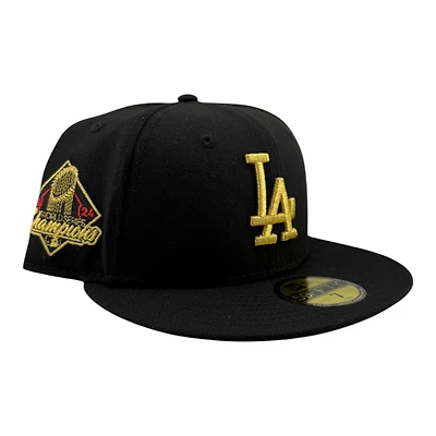 Los Angeles Dodgers Black with Metallic Gold LA Logo 2024 WS Champs Patch Grey UV New Era 59FIFTY Fitted Hat
