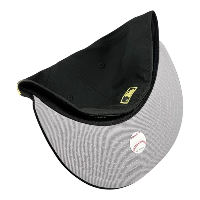 Los Angeles Dodgers Black with Metallic Gold Script Logo 2024 WS Champs Patch Grey UV New Era 59FIFTY Fitted Hat