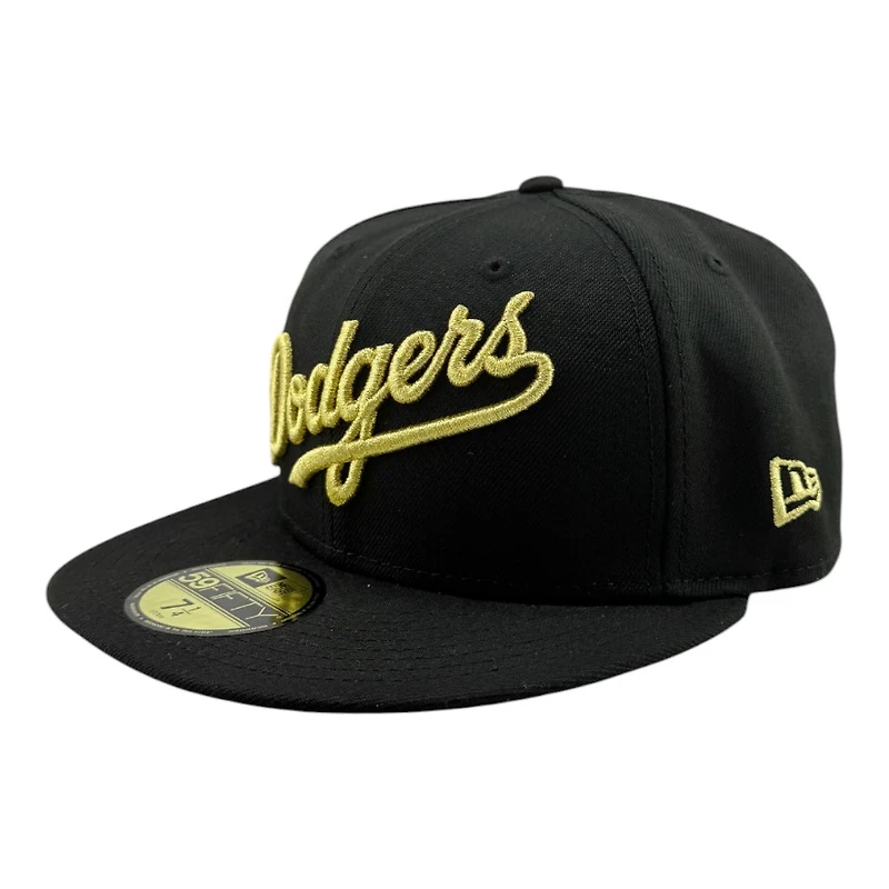 Los Angeles Dodgers Black with Metallic Gold Script Logo 2024 WS Champs Patch Grey UV New Era 59FIFTY Fitted Hat