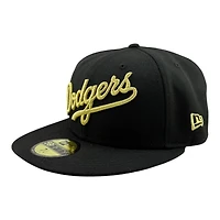 Los Angeles Dodgers Black with Metallic Gold Script Logo 2024 WS Champs Patch Grey UV New Era 59FIFTY Fitted Hat