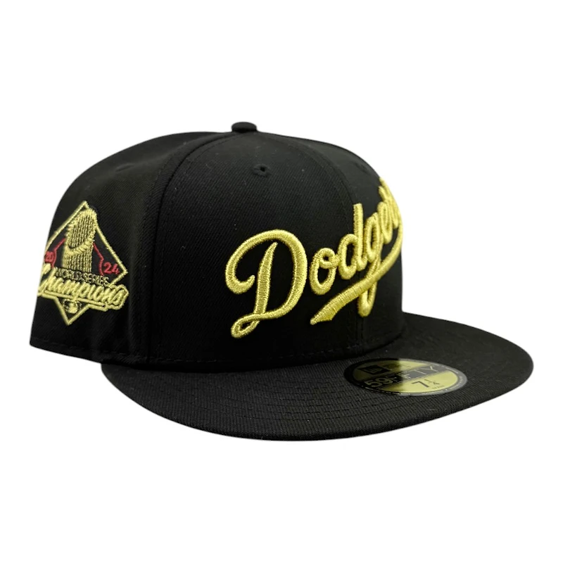 Los Angeles Dodgers Black with Metallic Gold Script Logo 2024 WS Champs Patch Grey UV New Era 59FIFTY Fitted Hat