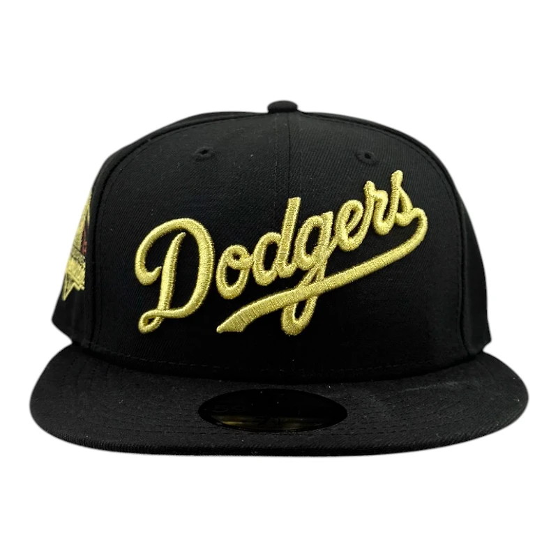 Los Angeles Dodgers Black with Metallic Gold Script Logo 2024 WS Champs Patch Grey UV New Era 59FIFTY Fitted Hat