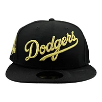 Los Angeles Dodgers Black with Metallic Gold Script Logo 2024 WS Champs Patch Grey UV New Era 59FIFTY Fitted Hat