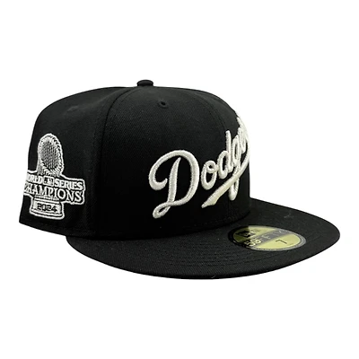 Los Angeles Dodgers Black with Metallic Silver LA Logo 2024 WS Champs Patch Grey UV New Era 59FIFTY Fitted Hat