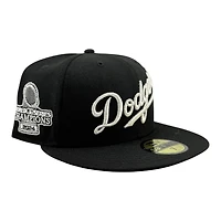Los Angeles Dodgers Black with Metallic Silver LA Logo 2024 WS Champs Patch Grey UV New Era 59FIFTY Fitted Hat