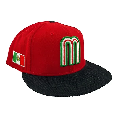 Mexico Scarlet Red and Black Corduroy Flag Patch "Viva La Raza Collection" New Era 9FIFTY Snapback Hat