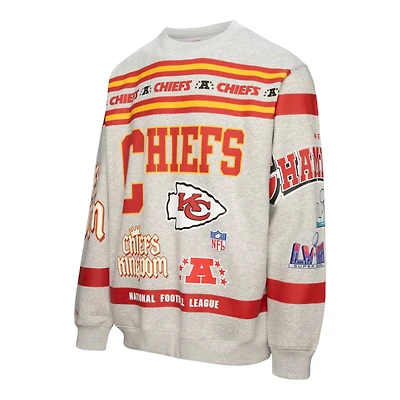 Kansas City Chiefs Heather Gray All Over Print Vintage Mitchell & Ness Fleece Crewneck Sweatshirt